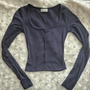 Elegant Navy Long Sleeve Button-Up Top